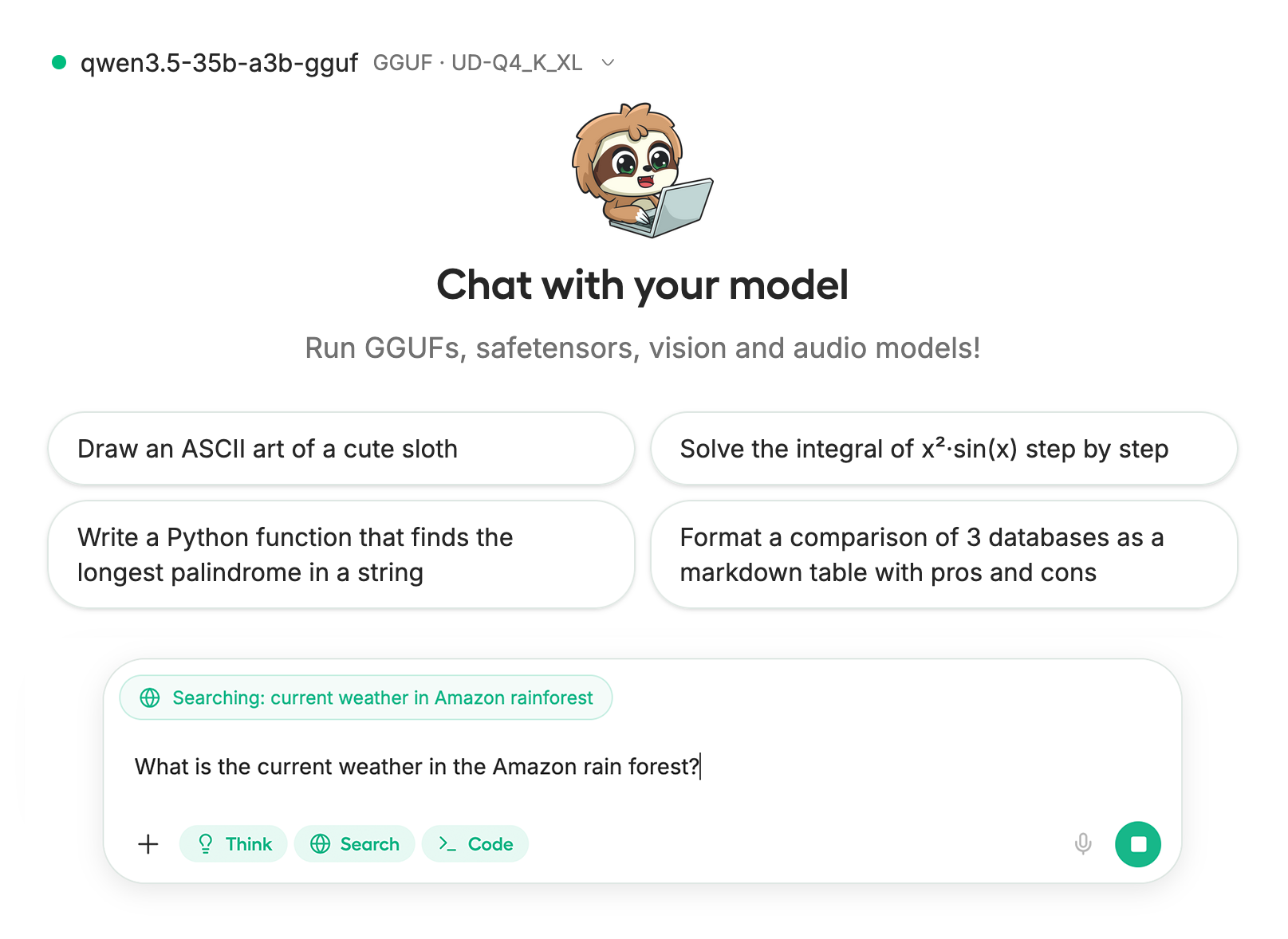 Unsloth Studio chat interface — a ChatGPT-like screen for conversing with AI models